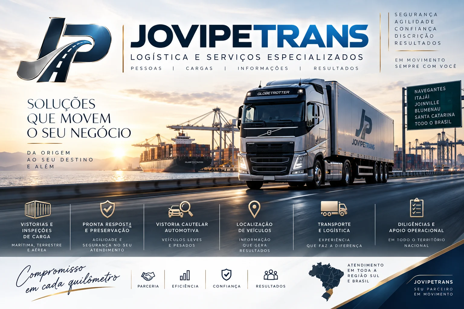 Arte institucional original da JOVIPETRANS com o símbolo JP, caminhão, porto e serviços especializados